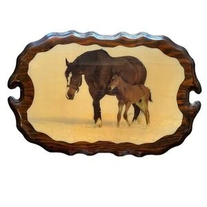 Vintage Glossy Horse Print on Oval shaped of wood. Mom & Pony. Wall Decor.